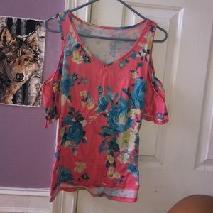 Pink Floral Thick Cotton Cold Shoulder Blouse